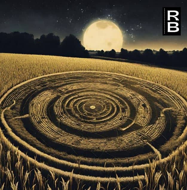 A mysterious crop circle at night, with the moon above it. Inspired by the movie "Signs."