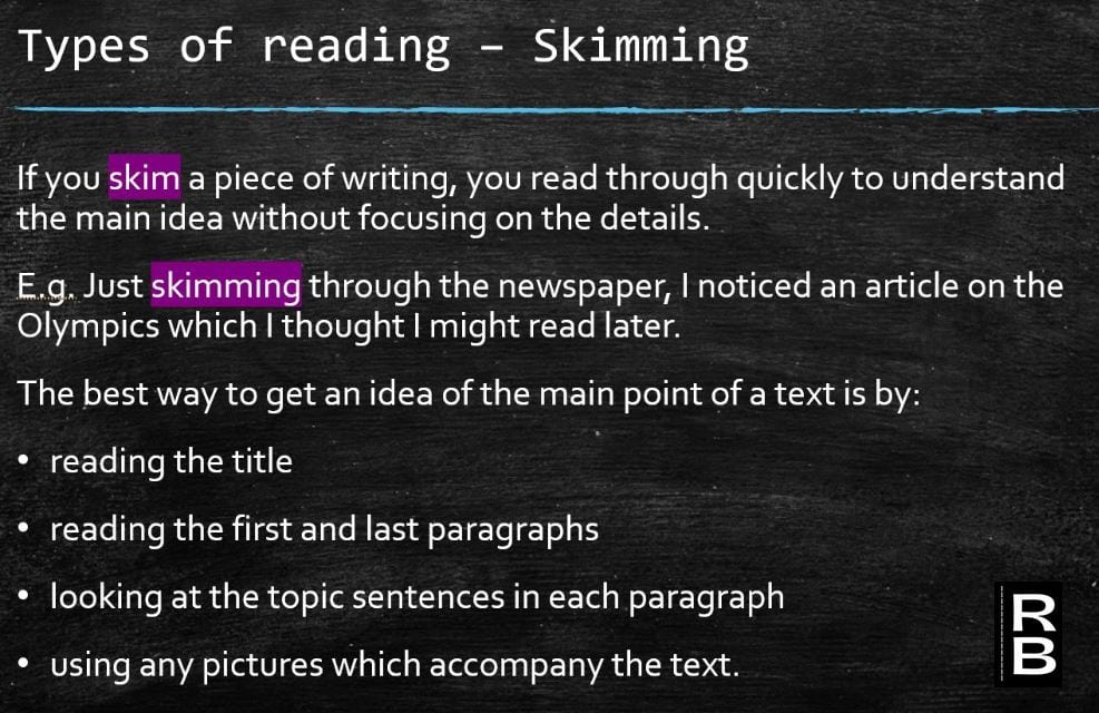 Slide about the type of reading called skimming.