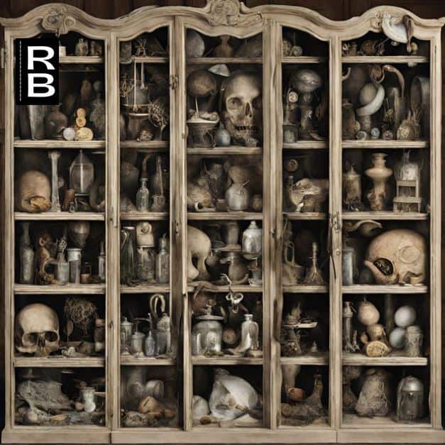 A cabinet full of skulls and other scary items.