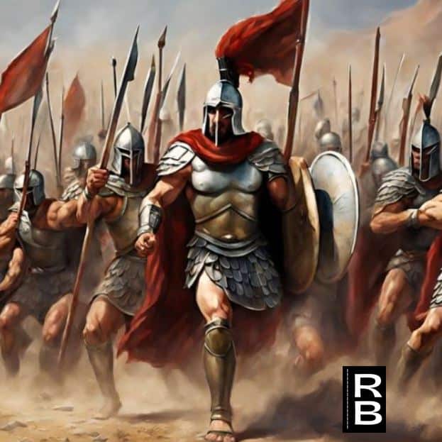 Spartans in armor getting ready for battle. Shields, flags, and spears in their hands.