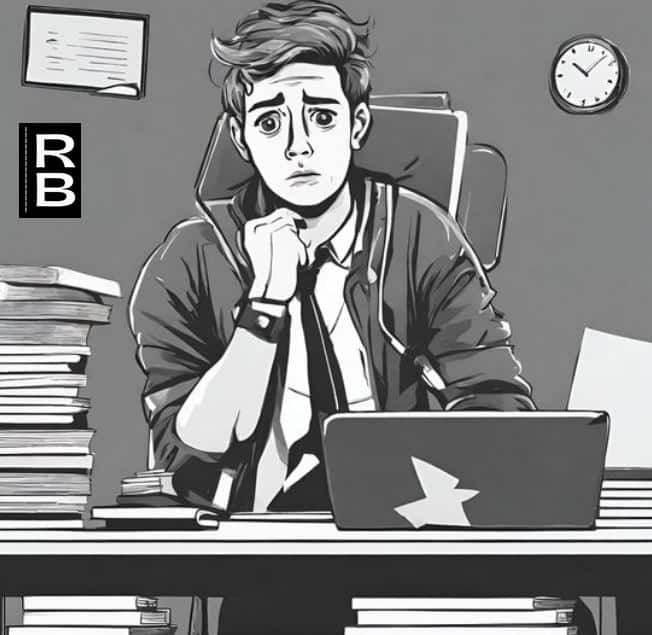 Stressed male student in front of a laptop, with a pile of books next to him and a clock behind him. Suggests worry about Turnitin detecting ChatGPT.