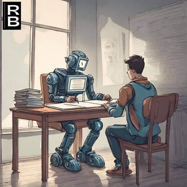 A student sitting at a desk with a robot writing on the other side of it. The student is probably wondering "Can Turnitin detect ChatGPT?"