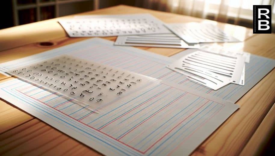 Lined paper and templates for handwriting practice.