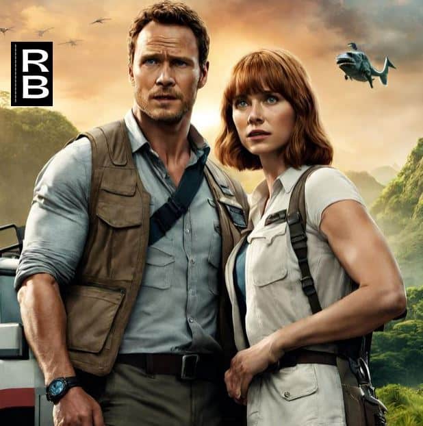 Artwork showing Owen and Claire, the two main characters in "Jurassic World" looking ahead.