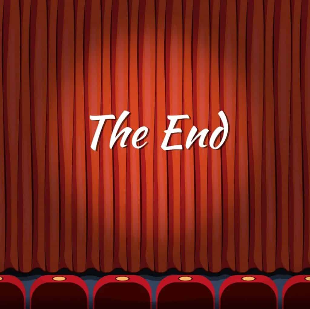 Old-fashioned image of red curtains pulled over a stage with "The End" written over them.