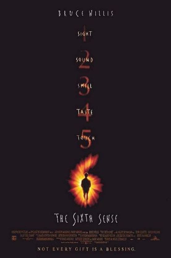 "The Sixth Sense" movie poster, with the five senses numbered and number 6 on fire, with a young boy in the middle of it.