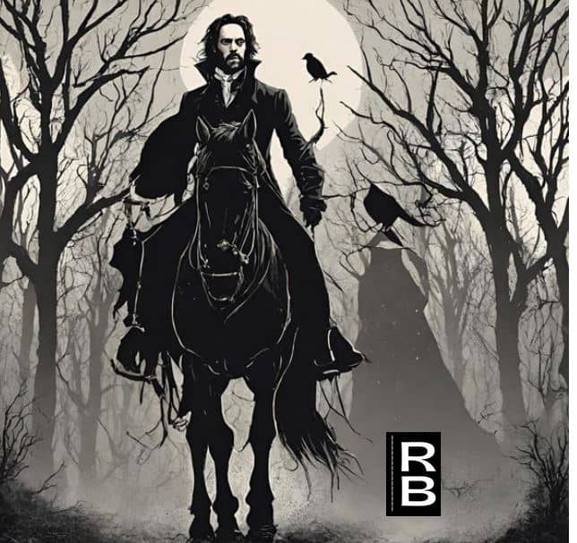Artwork representing Ichabod Crane from "The Legend of Sleepy Hollow" riding a horse in a dark forest.