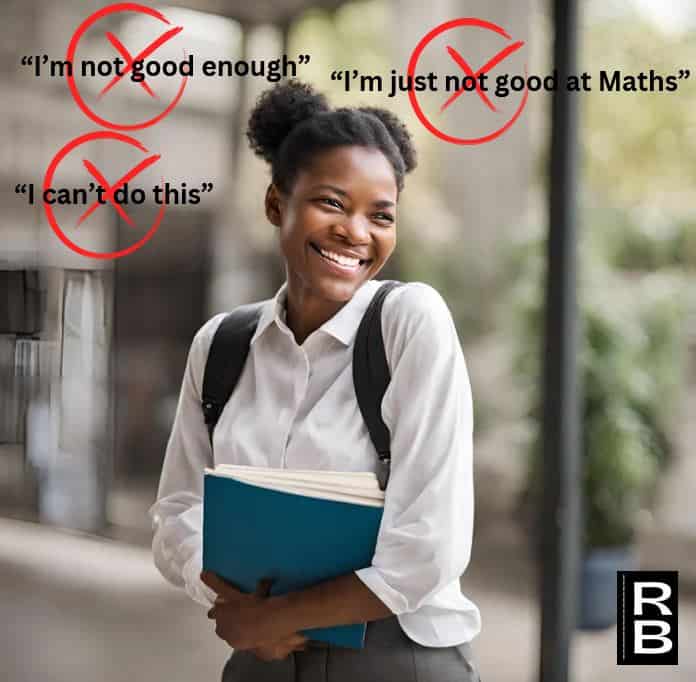Young female student smiling happily, surrounded by crossed out thoughts: "I'm not good enough", "I'm just not good at Maths", "I can't do this."