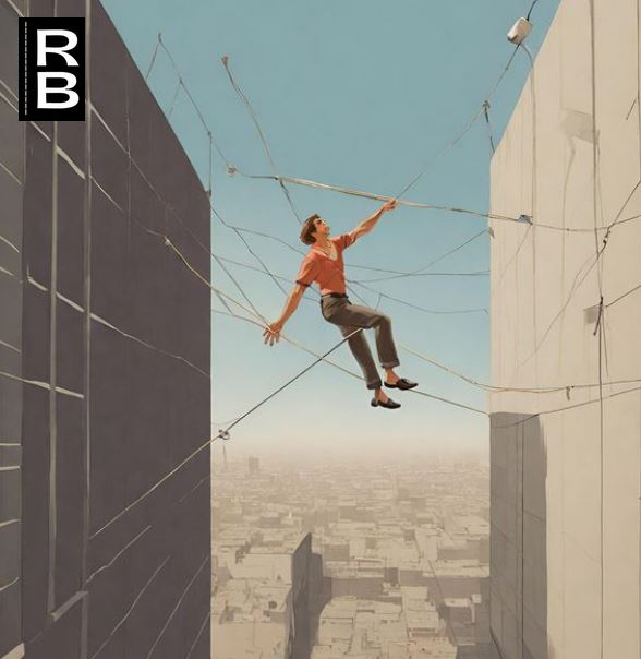 A tightrope walker between 2 buildings, trying to find his balance.
