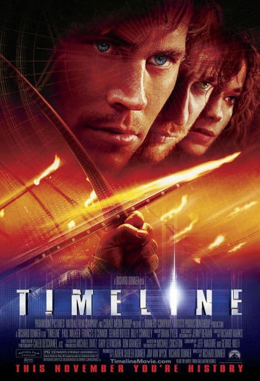 Poster fof the movie "Timeline," featuring its main characters, including Paul Walker at the front.