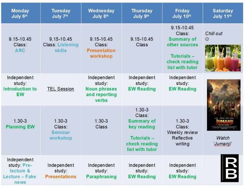 Example of a color-coded weekly college student schedule.