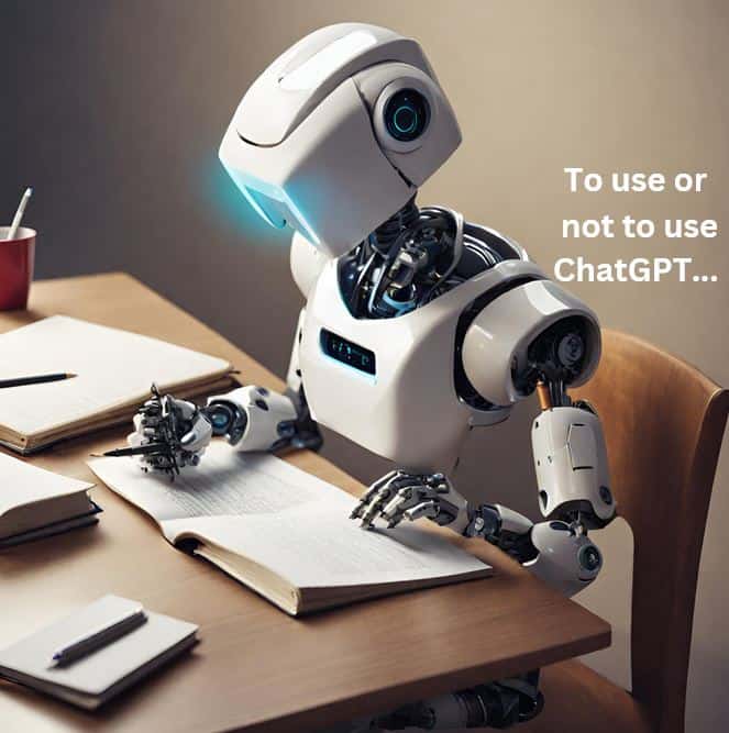 Robot writing at a desk