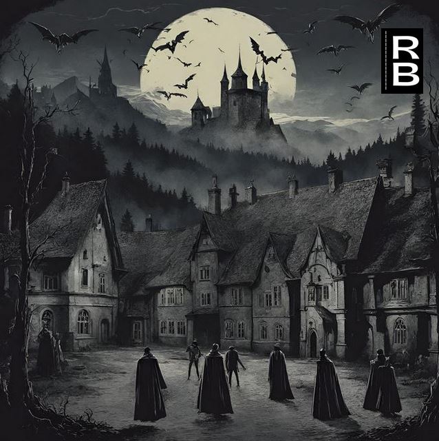 Artwork of threatening-looking vampires in Transylvania, heading toward people's houses at night.