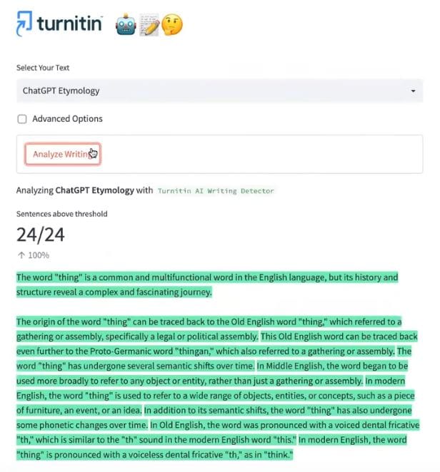 Turnitin report revealing plagiarism - 24 out of 24 sentences have been produced by AI.