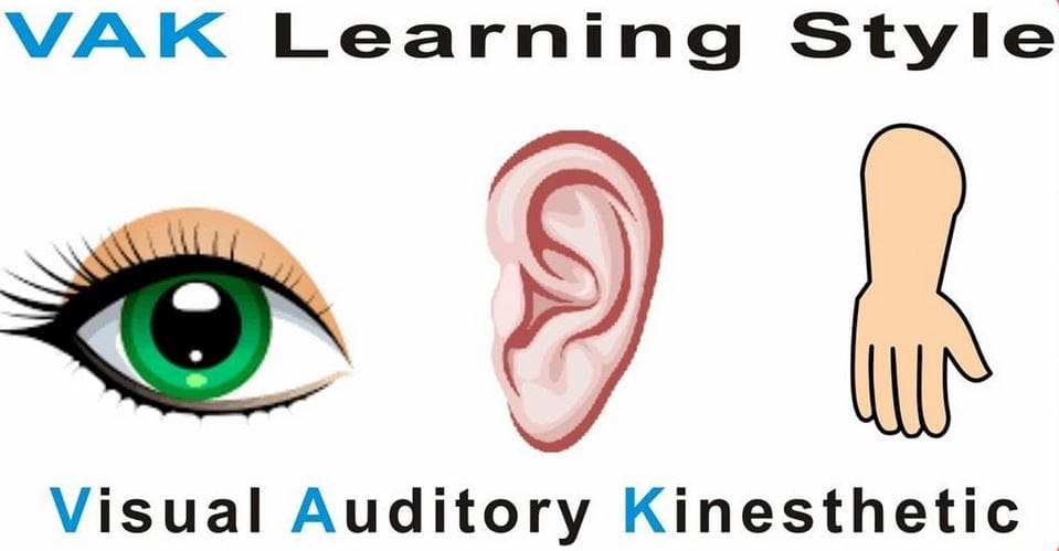 An eye representing the visual learning style, an ear for the auditory one, and a hand suggesting the kinesthetic learning style.