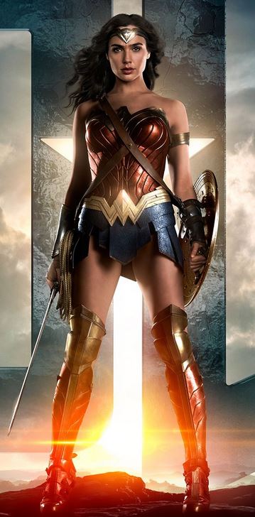 Poster image of Wonder Woman standing proud with a shield in her left hand and a sword in the right one.