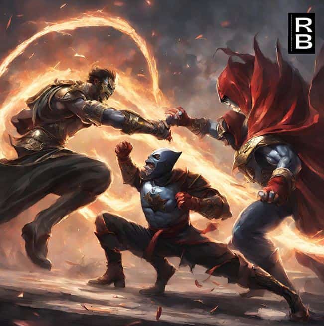 Two heroes engaged in battle with a villain.