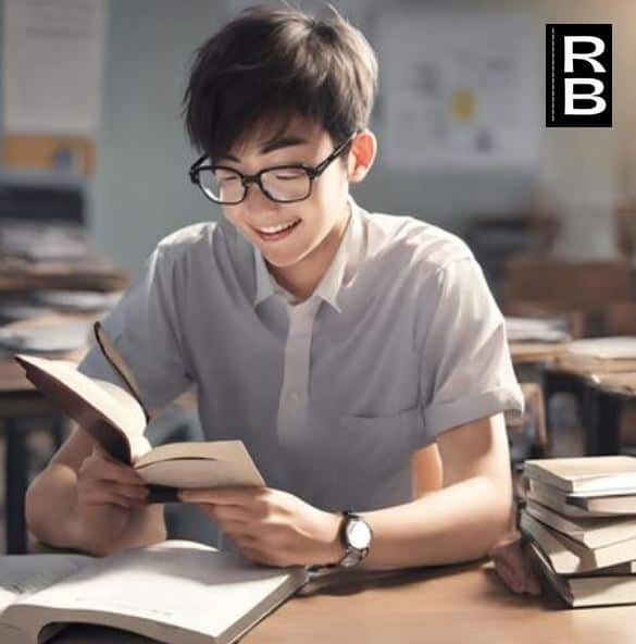 Teenager with glasses happily reading. His attitude is suggestive of someone who has benefited from IELTS reading tips.