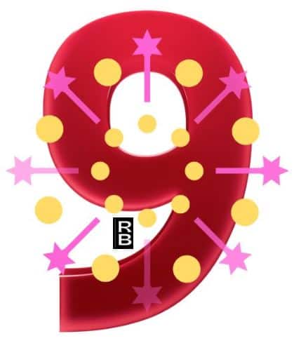 Number 9 covered in fireworks.