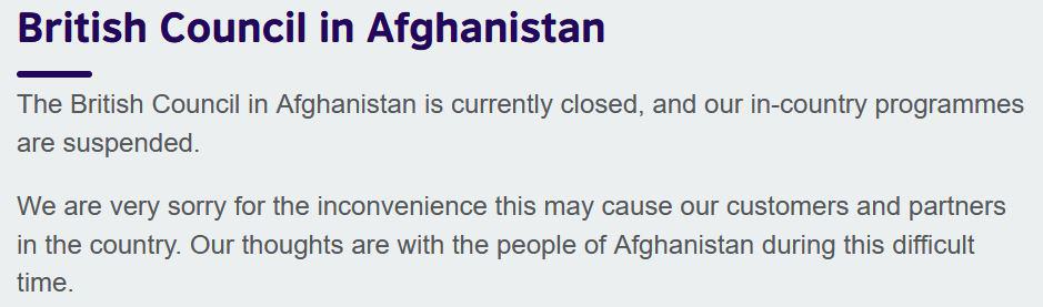British Council message about their programmes being suspended in Afghanistan.