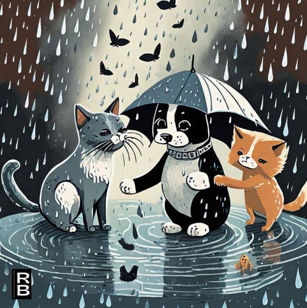 Two cats and one dog in the rain.