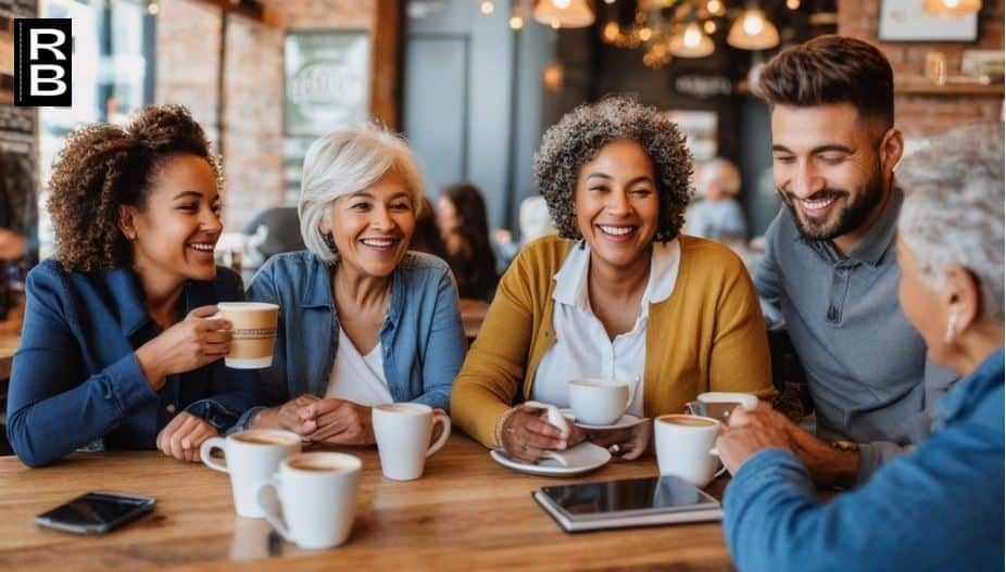 People happily chatting in a coffee shop.