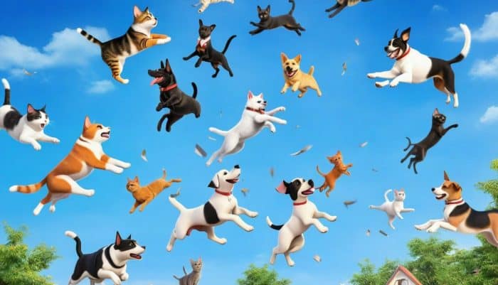 Many cats and dogs falling from the sky.