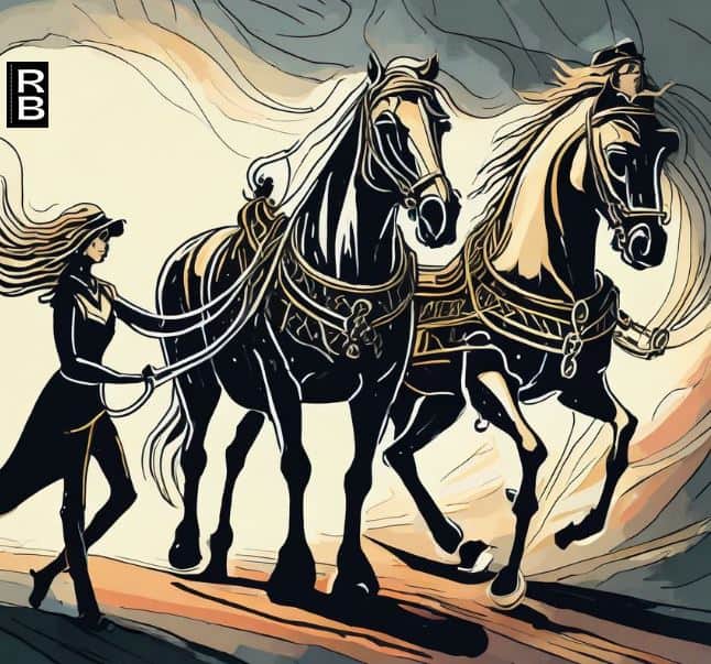 A woman reigning in two horses.