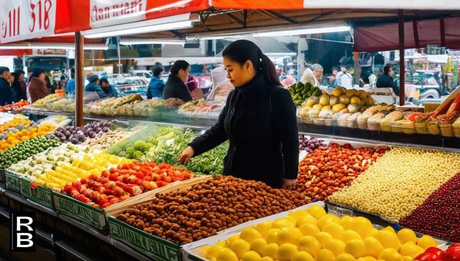 A woman at an international food market, unsure of what to buy.