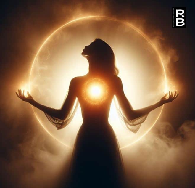A woman with light shining inside her.
