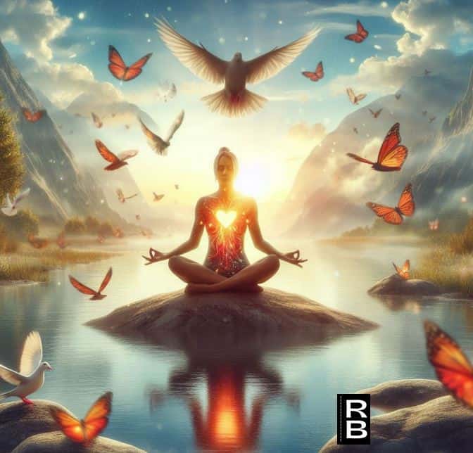 A woman in a yoga pose surrounded by butterflies and birds, with a bright light in her chest representing her soul.