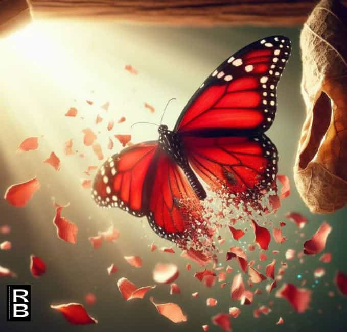 A red butterfly emerging from a cocoon.