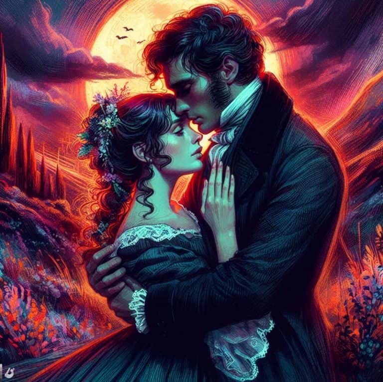 Jane Eyre and Mr. Rochester in an embrace.