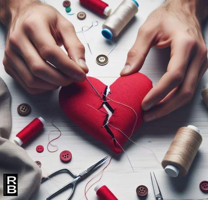 A man sewing a heart broken in two.