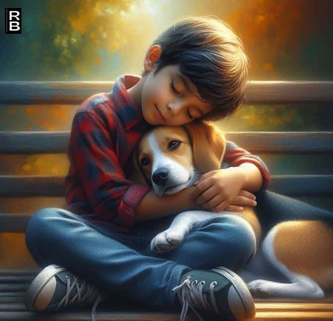 A boy hugging a dog on a bench.