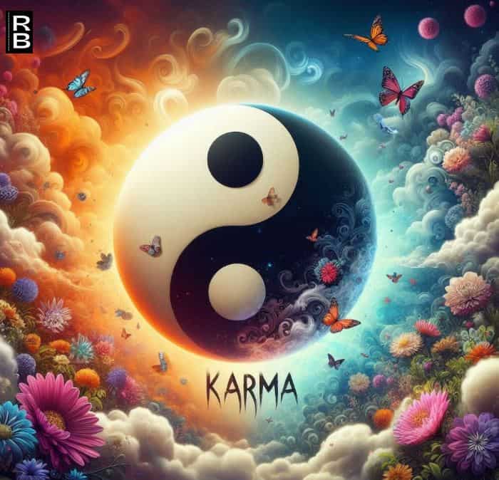 The karma white and black symbol, surrounded by flowers and butterflies.