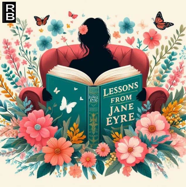 A female figure surrounded by flowers and holding a book that says "Lessons from Jane Eyre".