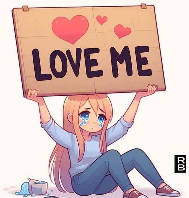A crying girl holding up a sign that says "Love me."