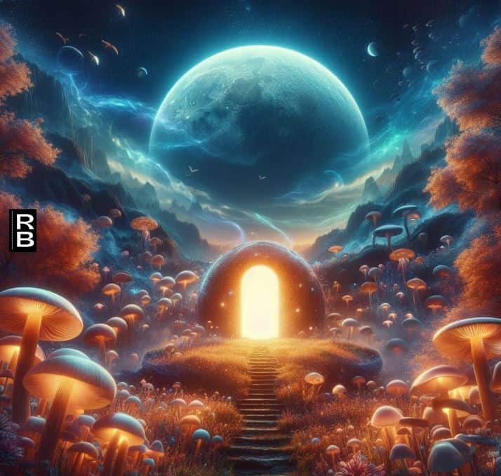 A magical land with a lit up door in the middle of it.