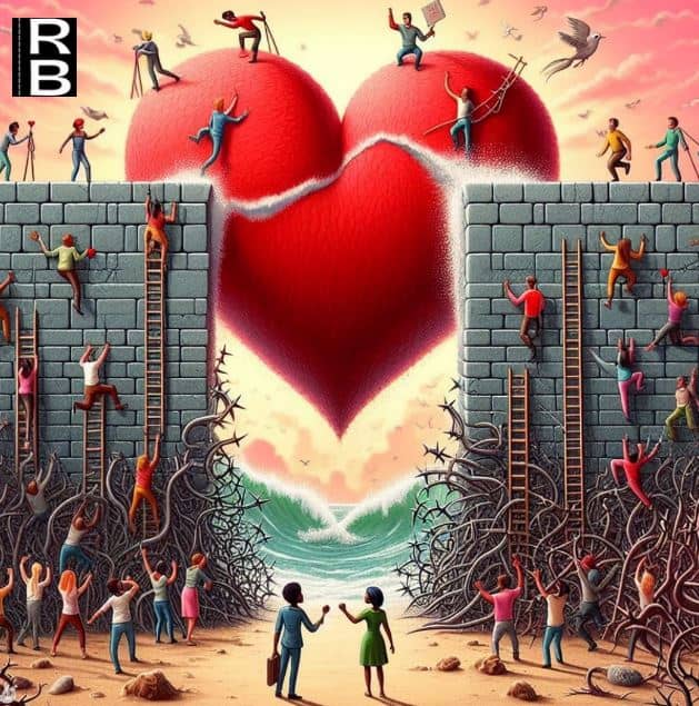 A man and a woman in front of two walls that many people are trying to climb to get to a big heart representing love.