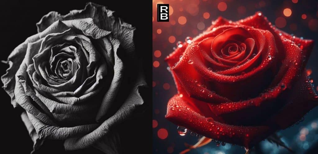 A withered rose next to a bright red one.