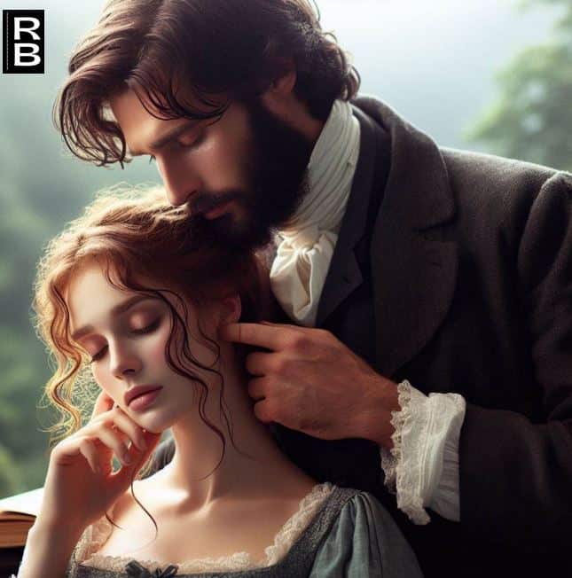 A representation of Mr. Rochester touching Jane Eyre's hair.