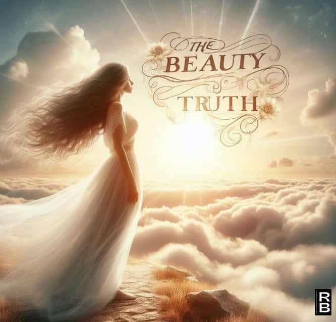 A woman in a white dress on the edge of a cliff, seemingly above the clouds. The message says, "The beauty of truth."