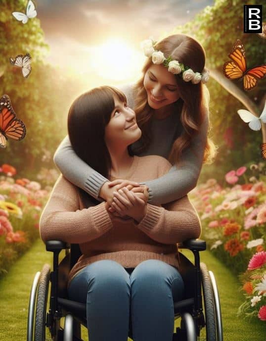 A girl is hugging another one in a wheel chair.