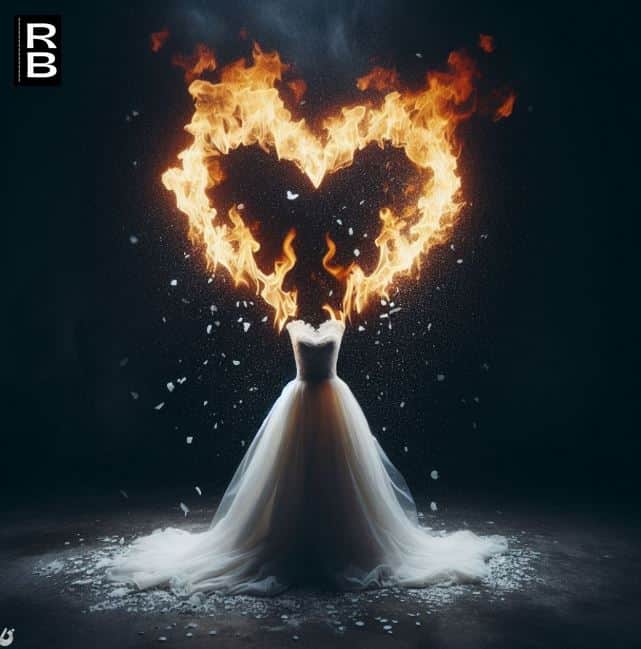 A wedding dress with a heart made of fire behind it.