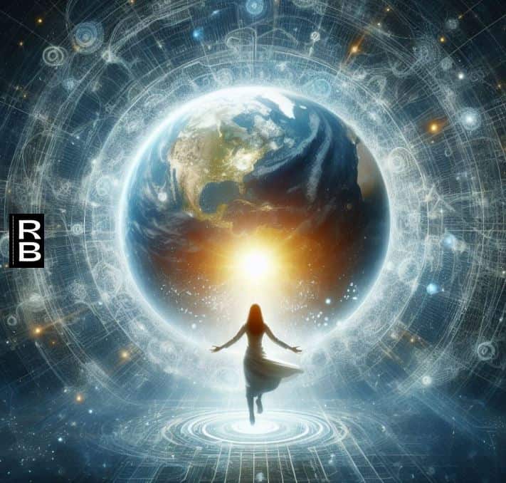 A woman holding her arms out in front of the world.