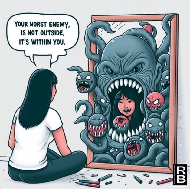 A girl in front of a mirror, with a scary monster coming out of it. The message says, "Your worst enemy, is not outside, it's within you."