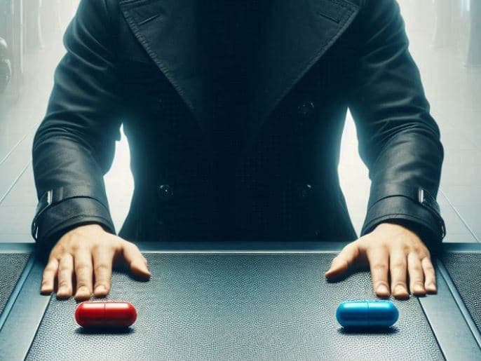 A man dressed in black with a red pill and a blue one to choose from on a table in front of him.