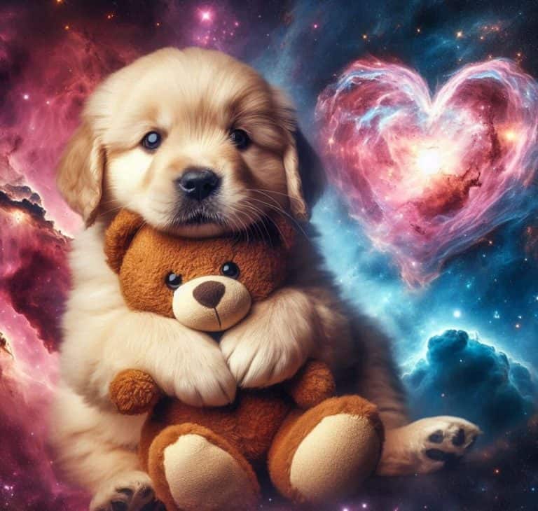 A puppy in space holding a teddy bear, with a heart behind it