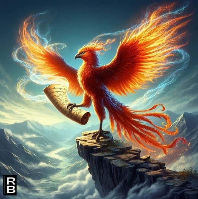 A phoenix reborn holding a scroll / manifesto.
